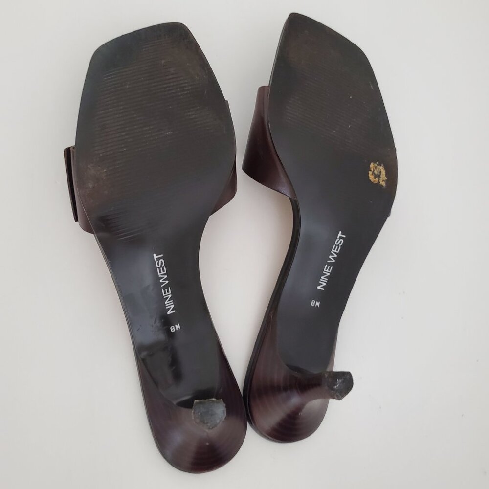 NINE WEST Brown Leather Heeled Slide Sandals Square Toe Bronze Buckle Accent 8M - Picture 8 of 9